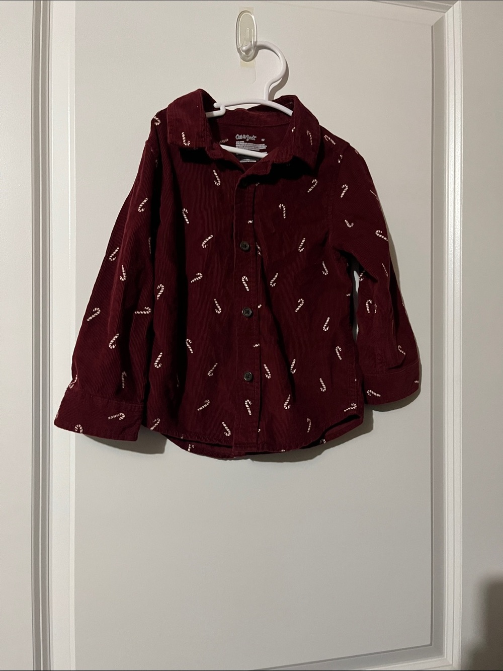 Cat & Jack Boys Burgundy Corduroy Button-Down Shirt with White Candy Cane Print